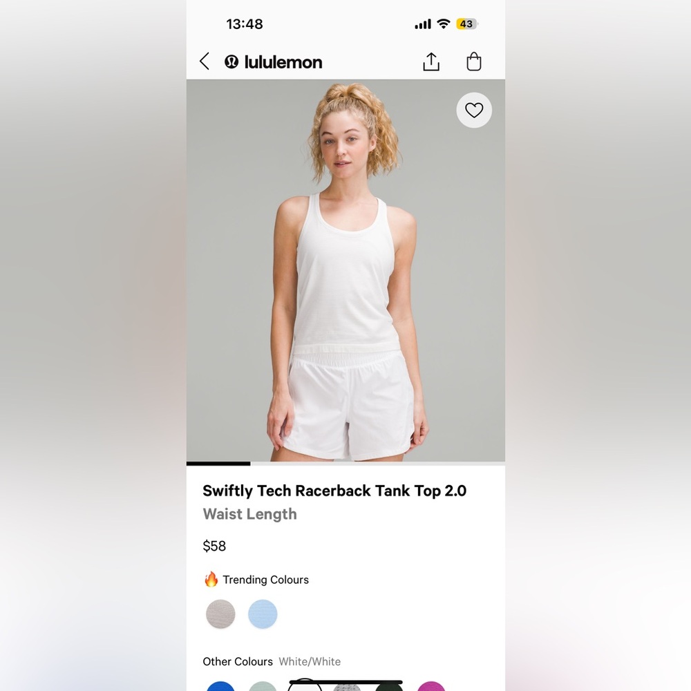 Lululemon Swiftly tech racerback tank top waist length size 4 white/white